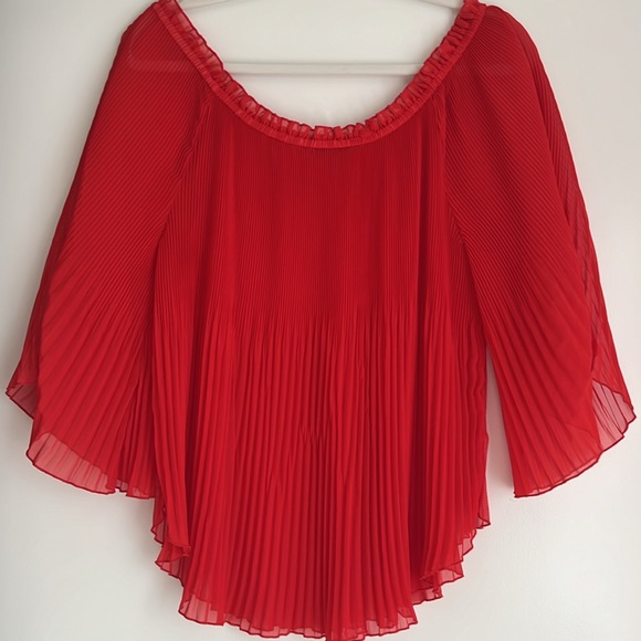 DEAL! $20! Zara Red Top Sheer Blouse Flirty Long Sleeve Pleated Off the Shoulder - Picture 2 of 6